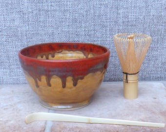 Matcha chawan green tea bowl wheel thrown in stoneware pottery ceramic handmade chasen bamboo whisk scoop handthrown ready to ship