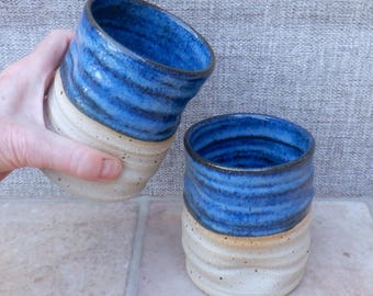 Handmade Ceramic Tumbler pair/set of 2 cobalt royal blue glaze stoneware handleless mug