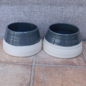 May include: Two ceramic pet bowls with a white base and a dark blue top. The bowls are slightly flared at the top.