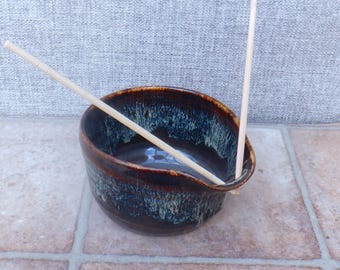 Handmade Noodle rice soup or cereal serving bowl in stoneware ceramic dark brown glaze