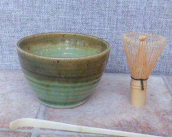 Handmade matcha chawan green tea drinking bowl set wheel thrown  stoneware ceramic olive glaze