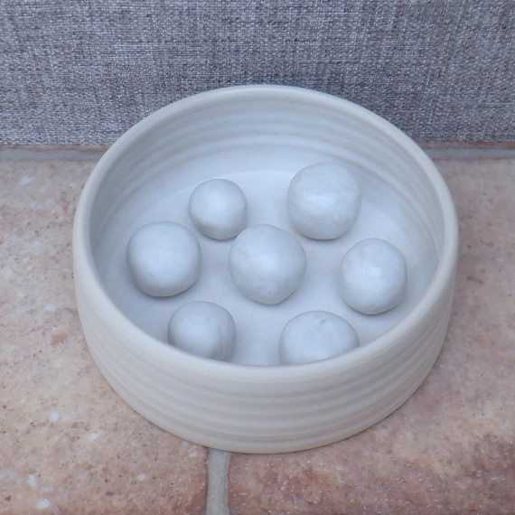 Handmade Slow feeder dog water feeding bowl wheel thrown stoneware ceramic ivory satin glaze.