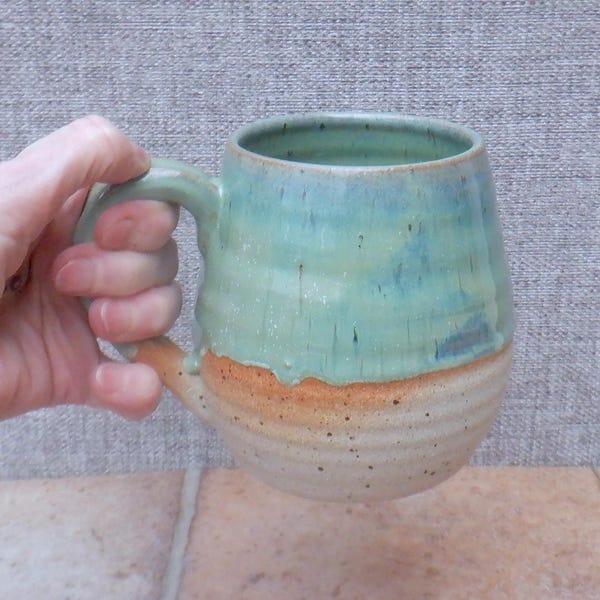 Handmade very large cuddle mug coffee tea pint stoneware ceramic sage green glaze