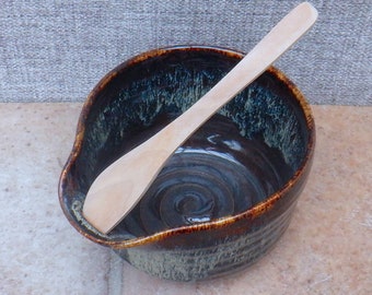 Serving bowl pate dip dish hand thrown in stoneware pottery ceramic wheelthrown handmade with a bamboo spreader ready to ship