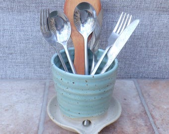 Cutlery and utensil drainer toothbrush holder hand thrown stoneware pottery handmade ceramic celadon glaze