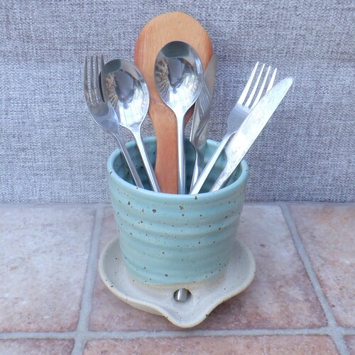 Egouttoir à couverts et ustensiles, porte-brosse à dents, poterie en grès faite main, céramique émaillée céladon