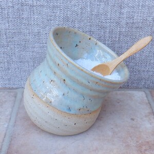 Salt pig or cellar hand thrown stoneware ceramic handmade pottery with a bamboo teaspoon wheelthrown ready to ship