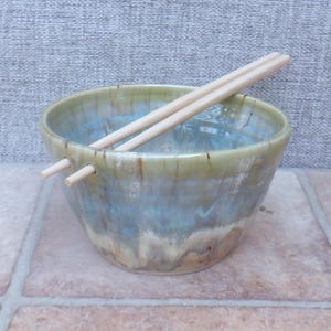Handmade Stoneware Ramen Bowl cappuccino and sage Green Glaze Ceramic Soup Dish with Chopsticks