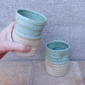 Handmade tumblers pair/set of 2 Stoneware ceramic wheel thrown pottery celadon green glaze