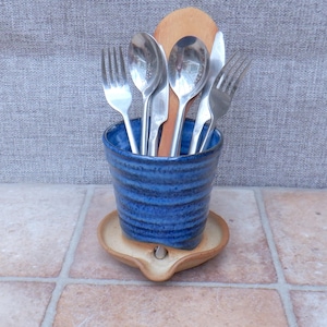 Cutlery and utensil drainer toothbrush holder stoneware pottery handmade ceramic cobalt blue glaze wheelthrown