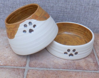 Pair of small spaniel dog food water bowls long eared ears dish hand thrown stoneware pottery wheelthrown ceramic handmade Ready to ship