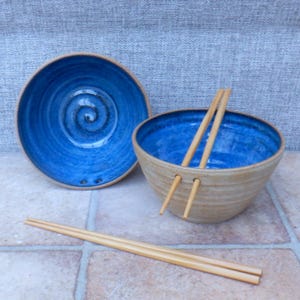 Hand thrown stoneware ceramic ramen noodle bowl pair/set of 2 in cobalt royal blue glaze