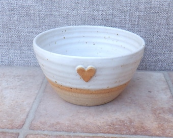 Soup cereal noodle bowl stoneware pottery ceramic heart handmade handthrown in vanilla glaze.