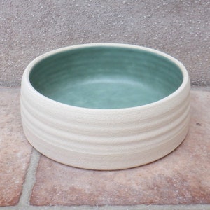 Può includere: Una ciotola in ceramica bianca con un interno verde chiaro. La ciotola ha un esterno testurizzato, leggermente ondulato.