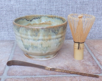 Matcha chawan green tea bowl wheel thrown in stoneware pottery ceramic handmade chasen bamboo whisk scoop handthrown ready to ship