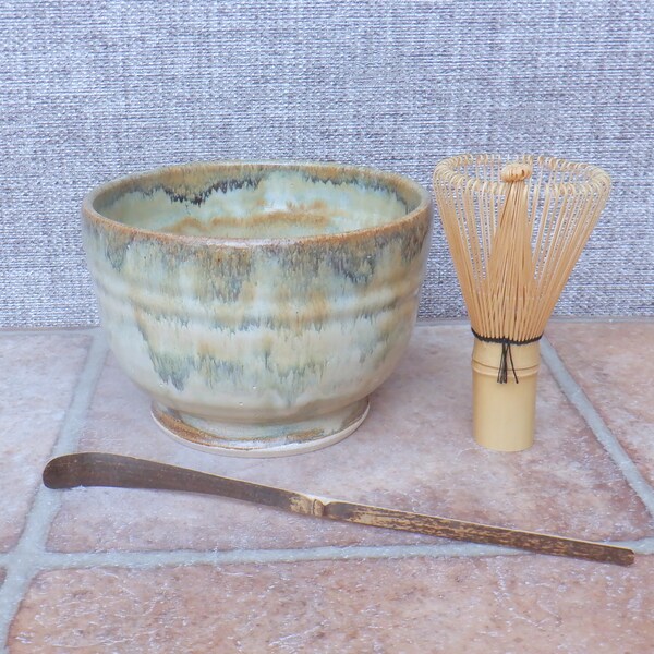 Matcha chawan green tea bowl wheel thrown in stoneware pottery ceramic handmade chasen bamboo whisk scoop handthrown ready to ship