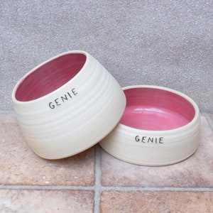 Small pair of personalised spaniel dog water and food bowls long eared ears hand thrown stoneware pottery wheel thrown ceramic meat feed