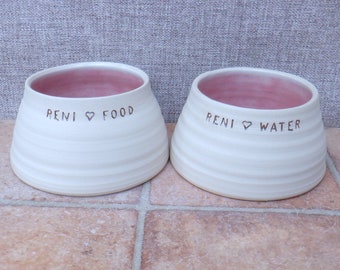 Personalised small pair spaniel water and food dog bowls long eared ears dishes hand thrown stoneware pottery wheelthrown ceramic handmade