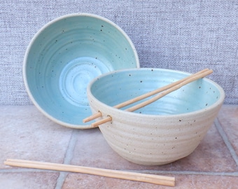 Hand thrown stoneware large ramen noodle bowl pair/set of 2 in celadon glaze