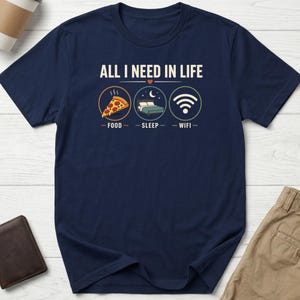 Food Sleep WiFi Repeat T-Shirt, Funny Gamer Tee, Gift for Remote Worker, Minimalist Graphic Shirt, Tech Lover Apparel, Student Shirt Gift