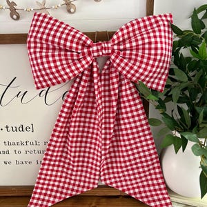 Large Decorative Fabric Bow- Red and White Gingham- bow for wreaths, door hanging, festive bow