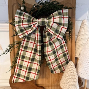 Small Decorative Fabric Christmas Bow- Plaid- wreath bow- door hanging- tree topper
