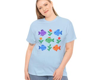 Whimsical Fish & Floral Unisex Heavy Cotton Tee, Fun Casual Wear, Perfect Gift, Summer Outing, Beach Vibes, Nature Lover's Tee