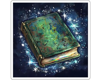Magical Green Book, Fantasy Planner Sticker, Celestial Journal Decal, Galaxy Laptop Sticker, Mystical Stationery Label,