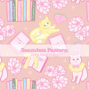 May include: Seamless pattern featuring pink flowers, strawberries, books, and cats in a whimsical design. The text "Seamless Pattern" and "100% Hand Drawn" are included. The color palette is soft pink and yellow.