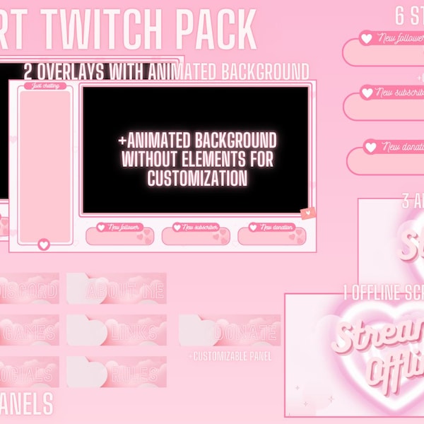 Pink Heart Kawaii Twitch Overlay Bundle (Instant Download)