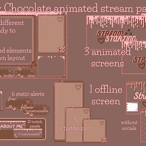 May include: A digital illustration of a strawberry and chocolate themed Twitch stream package. The package includes two overlays, three animated screens, one offline screen, two webcam frames, one gameplay frame, six static alerts, and three chat boxes. The text "Stream Starting", "Stream Ending", "Be Right Back", "Stream Offline" and "About Me" is visible in the image.