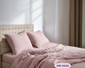 Juego de funda nórdica y funda de almohada – Lino rosa – Ropa de cama individual, matrimonial XL