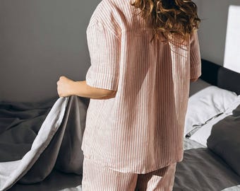 Pantalones cortos de pijama de lino para mujer: ropa de dormir informal para mujer.
