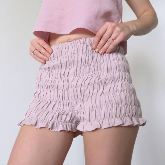 Linen Bloomers Smocked Lounge Shorts for Women - Relaxed Fit Boho Shorts Pajamas Bottom Homewear
