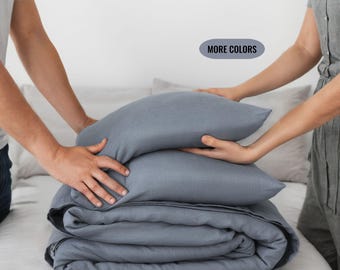 Juegos de cama Queen - Juego de fundas nórdicas y fundas de almohada de lino azul polvoriento - Ropa de cama orgánica