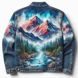 May include: A blue denim jacket featuring a vibrant back print of a mountain range, a flowing river, and a pine forest. The artwork displays colorful peaks, white water splashes, and a starry sky effect across the fabric surface.