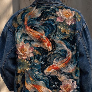 May include: A blue denim jacket featuring a detailed back panel painting of two orange and white koi fish swimming among pink lotus flowers and green lily pads in dark blue water with visible brushstroke textures.
