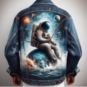 May include: A blue denim jacket featuring a large back graphic of an astronaut in a white suit sitting on a blue planet while fishing in space. The scene includes a fishing rod, a small fish, a glowing orange nebula, and a planet in the background.