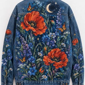 May include: A blue denim jacket featuring a detailed back print of vibrant red poppies, blue wildflowers, and orange monarch butterflies against a dark night sky background with a crescent moon and small white stars scattered throughout the design.