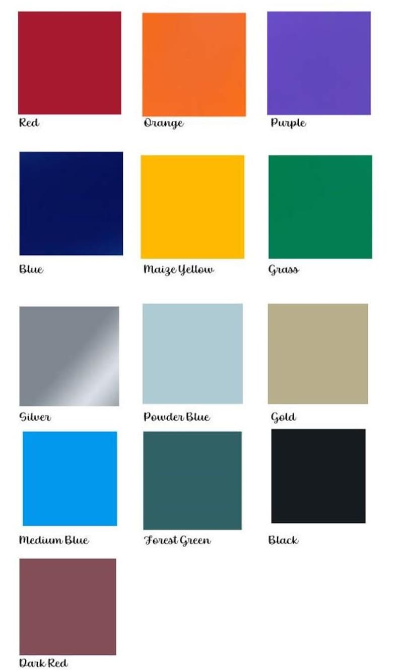 Color option for vinyl swaps if requested. The colors include red, orange, purple, blue, maize yellow, green, silver, powder blue, gold, medium blue, forest green, black, and dark red. Each color is labeled with its name.