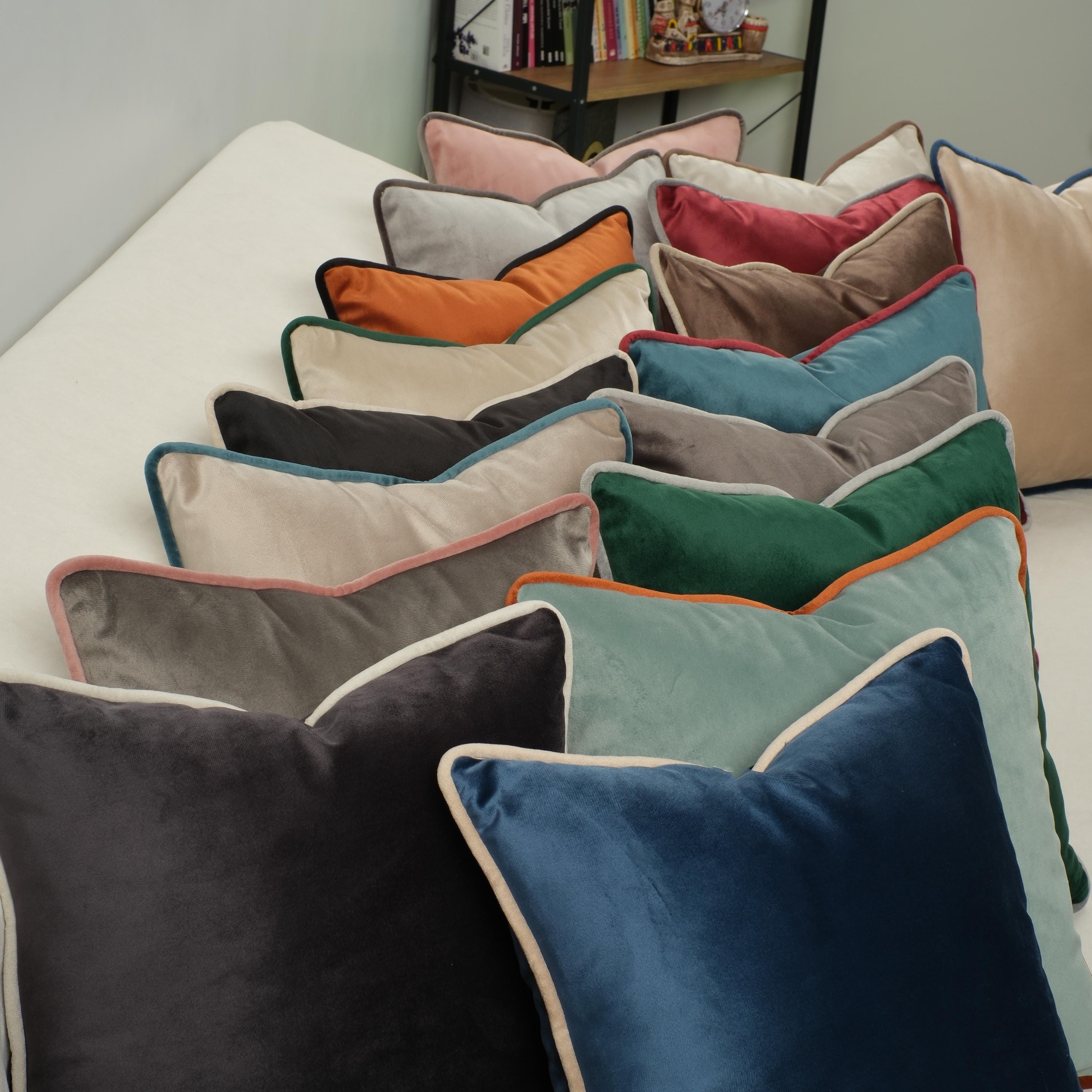 Luxury Velvet Pillow Cover - Soft Cream With Brown Piping - 17 Colors