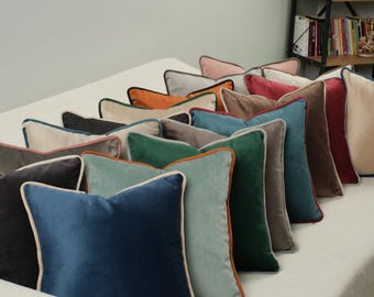 Luxury Velvet Pillow Cover with Piping, Piped Edge Cushion Cover, Modern Throw Pillow Case, 17 Colors, Corded Decorative Pillow