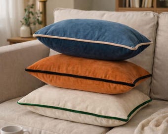 Luxury Velvet Pillow Cover with Piping, Custom Sizes & 17 Colors – Decorative Throw Pillow for Sofa or Bed