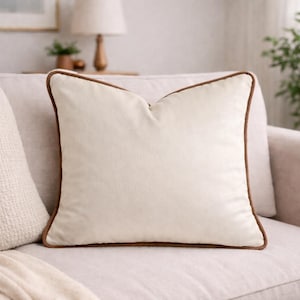 May include: A square, cream-colored pillow with a brown border. The pillow is placed on a light-colored sofa. The pillow has a soft, velvety texture and a simple, elegant design, suitable for home decor.