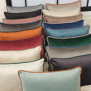 May include: A collection of rectangular velvet throw pillows in various colors, including gray, black, pink, orange, red, green, and blue. Each pillow has a contrasting trim in colors like brown, blue, and green.