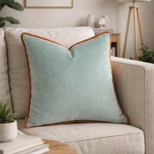Luxury Velvet Cushion Cover, Aqua Green with Orange Piping, Custom Sizes & 17 Colors - Decorative Throw Pillow for Sofa or Bed, 17x17, 18x18