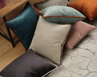 Velvet Pillow Cover with Custom Piping – 17 Color Options | Decorative Throw Cushion for Sofa, Couch, Bed | Custom Sizes