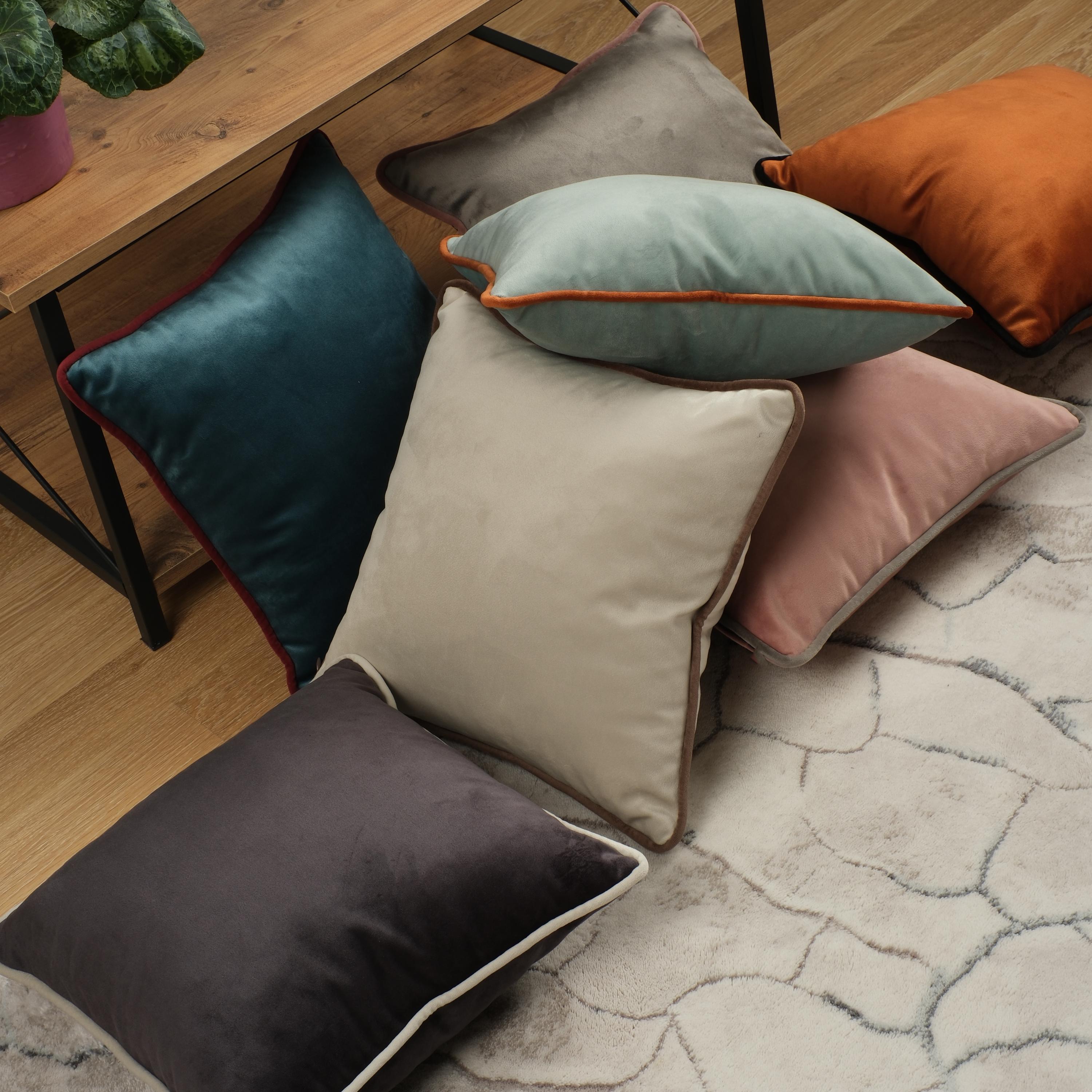 Luxury Velvet Pillow Cover - Soft Cream With Brown Piping - 17 Colors