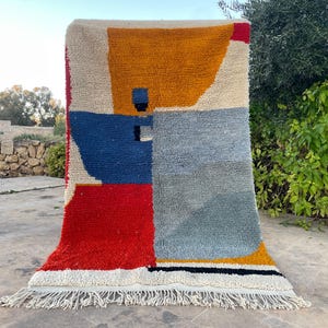 Hand-Knotted Wool Rug: Modern Colorful Abstract Beni Moroccan Rug