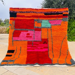 Cozy Orange Boho Moroccan Wool Rug – Handwoven Soft Berber Carpet – Bohemian & Scandinavian Style Home Décor